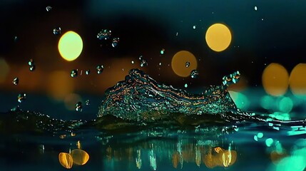 Fototapeta premium Splashing water droplets captured with blurred lights in the background