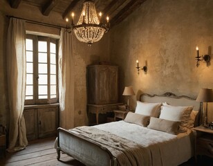 Cozy rustic bedroom featuring a chandelier and vintage furnishings in warm earthy tones.