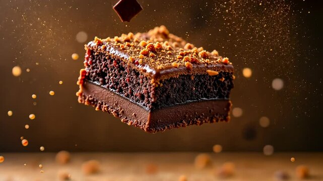 Fudge Brownie, dessert photography, chocolate dessert. Sweet treat. Crumbs scatter from fresh cut. Chocolate depth intensifies flavor perception. Baking precision ensures consistent texture.