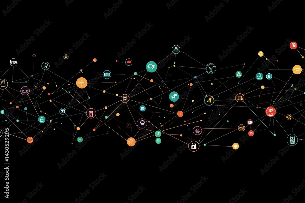 Poster icons on a black backdrop symbolize a network of digital communication and data sharing, network of 