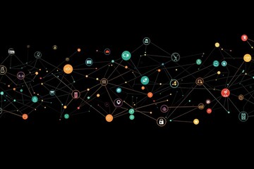 Icons on a black backdrop symbolize a network of digital communication and data sharing, network of connections with icons on black background