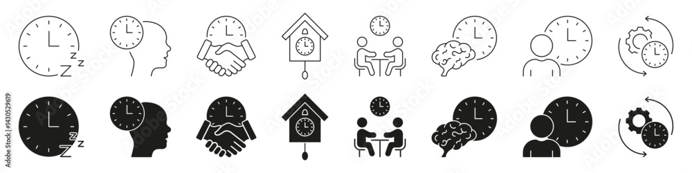 Poster clock and time management line and solid icon set. productivity, scheduling, efficiency symbol colle