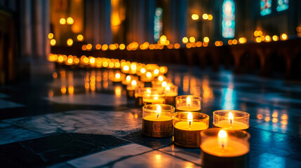 Rows of glowing candles illuminate a dim cathedral, inviting reflection and remembrance