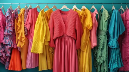 Colorful array of vibrant dresses and a cozy sweater on display for a stylish wardrobe.