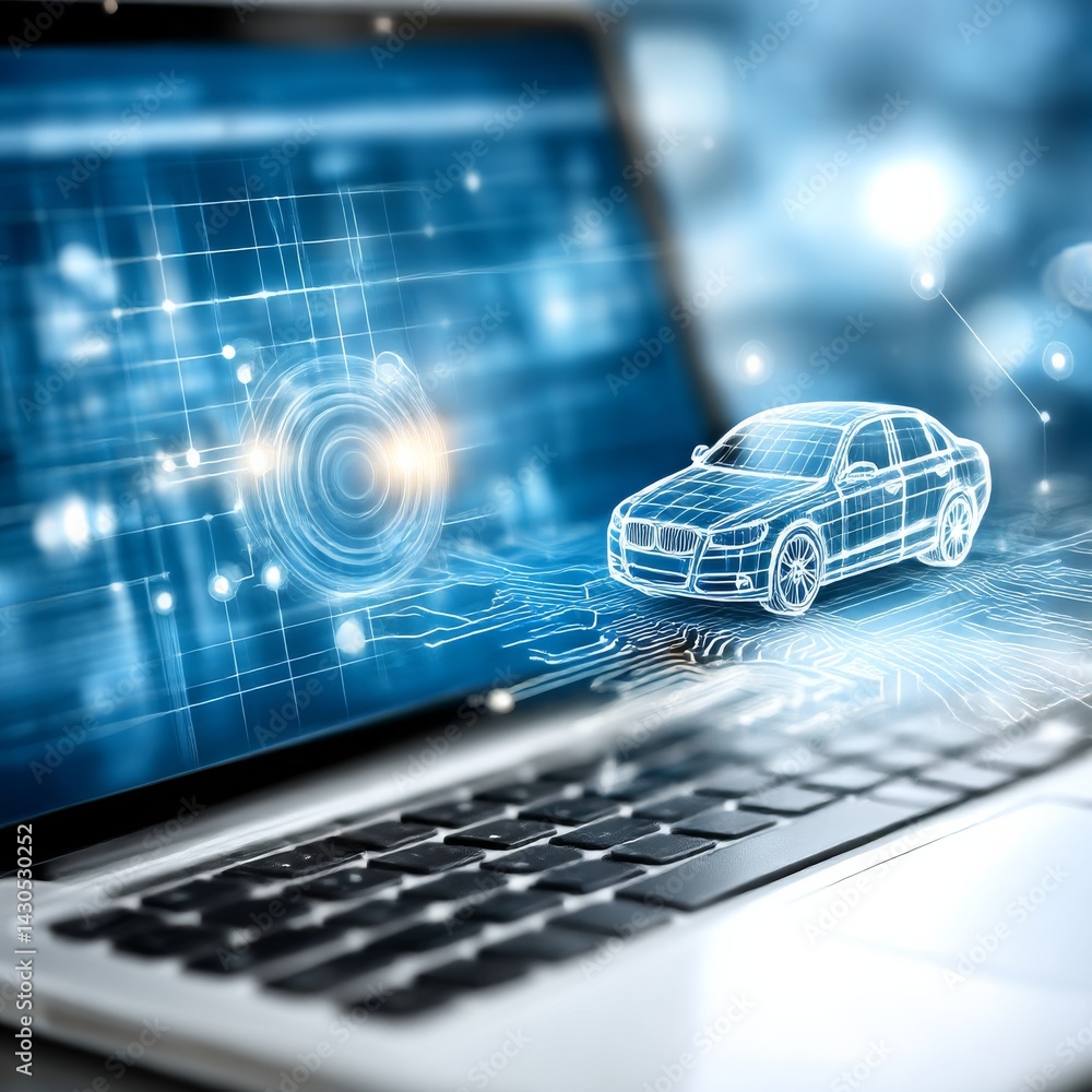 Poster automotive innovation: digital car design on laptop screen with abstract technology and connection v