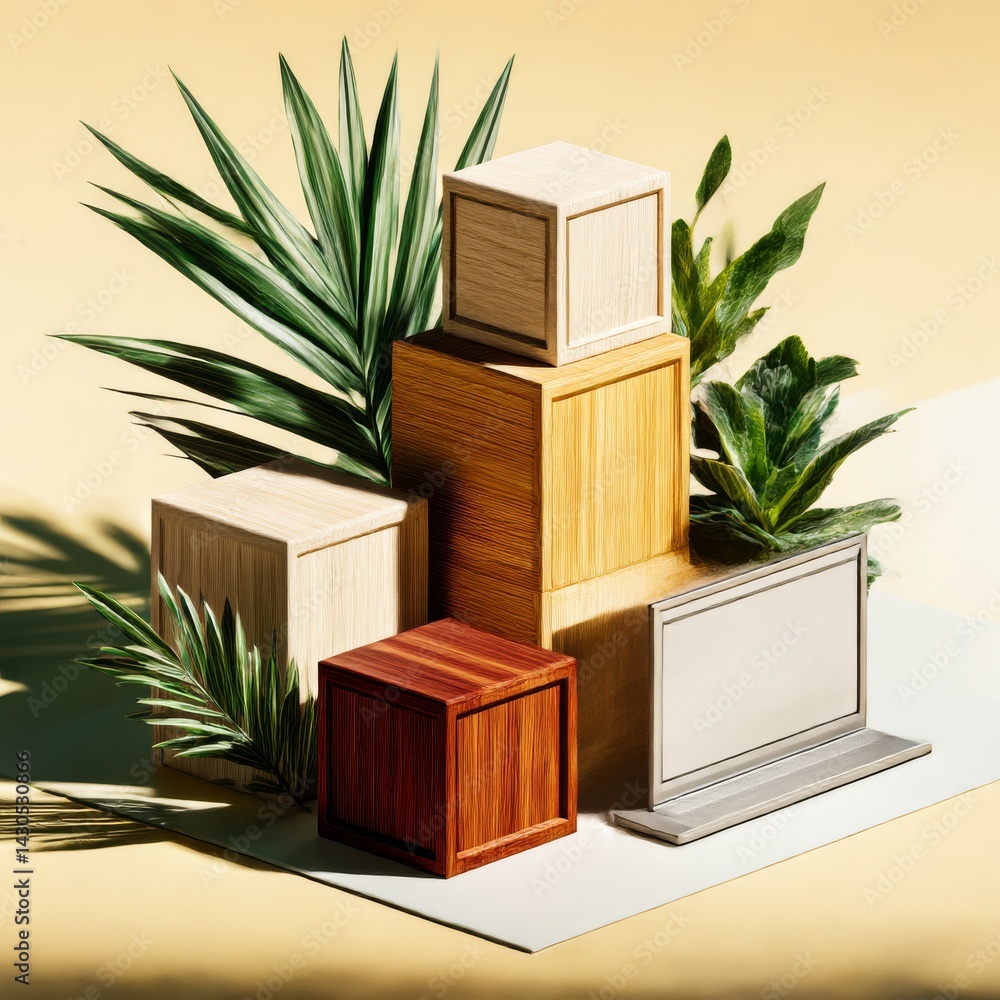 Aufkleber geometric still life: wooden blocks and greenery on warm toned background with clean lines & modern 