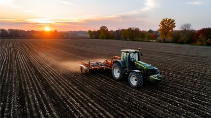 Obraz premium Agricultural machinery working a plowed field at sunset.
