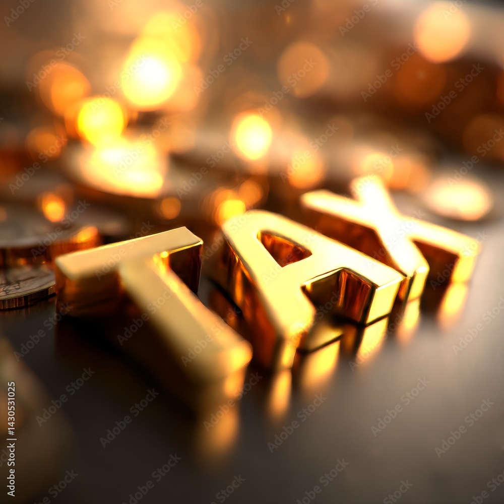 Poster golden tax: financial obligation and economic impact, glossy render with coins and a bokeh backgroun