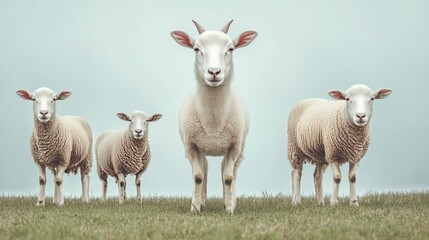 Fototapeta premium A group of four sheep standing in a field.