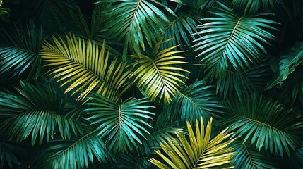 Lush Tropical Palm Leaves: A Vibrant Green and Yellow Paradise