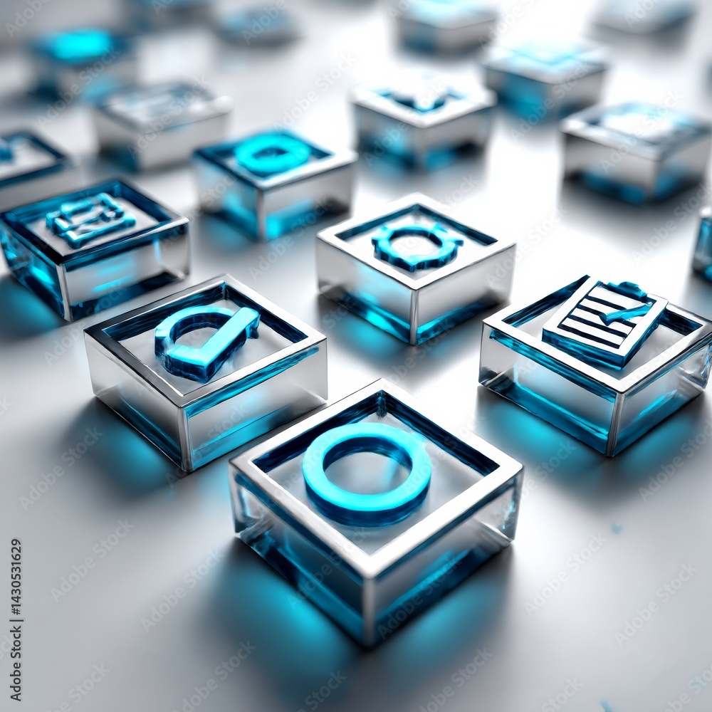 Leinwandbilder Shiny Blue and Silver Icon Blocks on a White Surface, representing different tasks in a modern workspace.