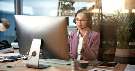 Business woman, consultant or talking with headset for communication, online advice or help at...