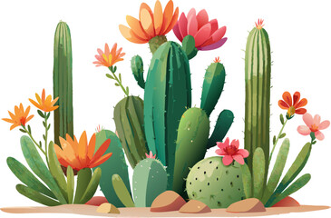 watercolor cactus with flowers isolated on white background, cactus in the desert