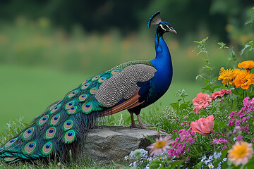 Obraz premium Majestic peacock displays its vibrant plumage amidst a lush garden bursting with colorful flowers. This stunning image evokes beauty, grace, and the splendor of nature.