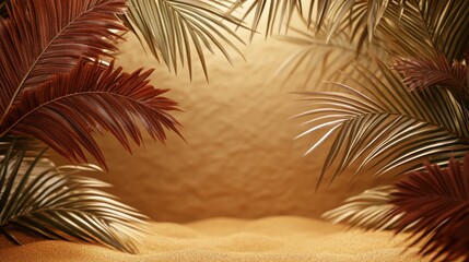 Rich chocolate brown and terracotta palm leaves over a warm golden sand background: A warm and earthy tropical theme perfect for nature-inspired designs.