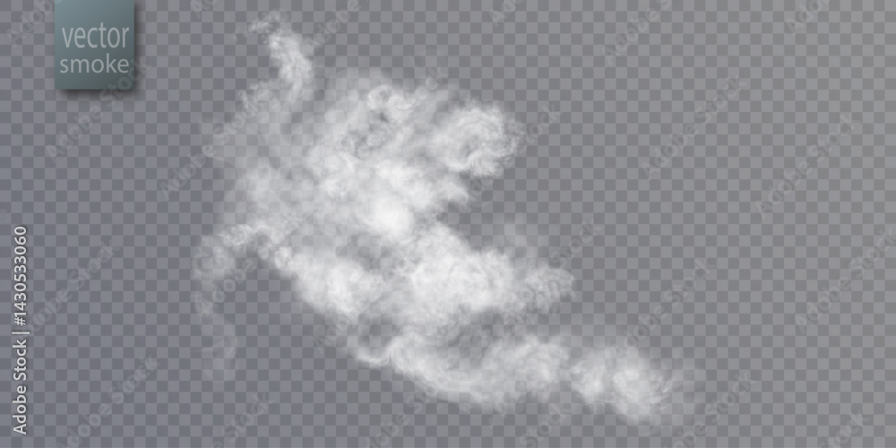 Poster Realistic rising smoke effect with swirling vortices and soft diffusion on transparent background. Smoke effect for fire overlay, couple of mystical fog in fairytale settings. 