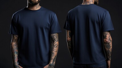 Dark navy blue t-shirt mockup on tattooed men