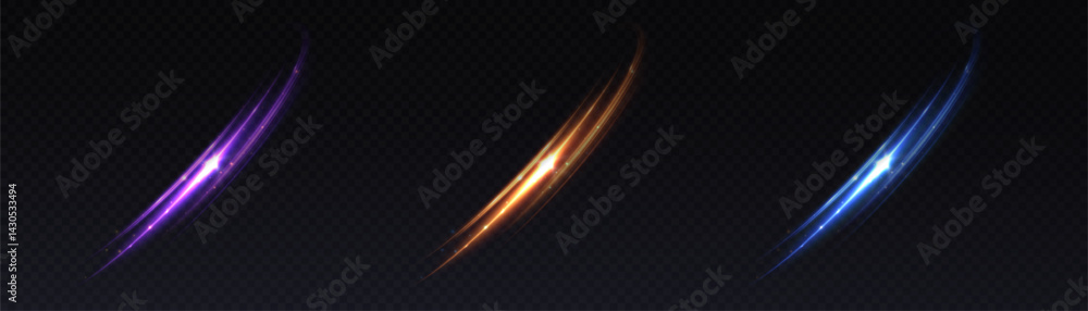 Aufkleber three dynamic light paths in vibrant neon colors, curving through the darkness with a glossy shimmer