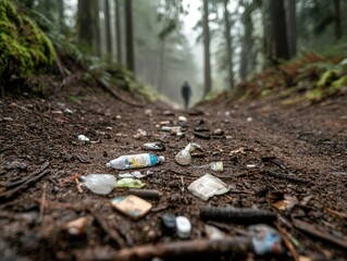 A misty forest path littered with trash, showcasing environmental neglect, with a figure walking in the distance.