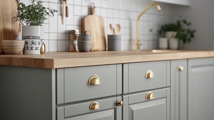 Modern gray kitchen cabinets with brass pulls and wood countertop.