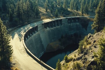Aerial view of Salmon Falls Dam showcasing its structure and surrounding landscape in Southern Idaho, Aerial shot of the Salmon Falls Dam in Southern Idaho, a masonry arch-gravity dam built in 1910