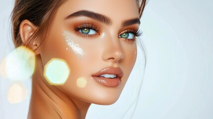 Glowing beauty advertising with woman&rsquo;s glossy skin and light reflection concept. Stunning makeup portrait with sparkling accents and blue eyes
