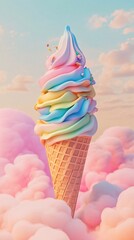 
3D illustration of an ice cream cone with many colorful swirls, pastel colors, the background is pastel clouds, 