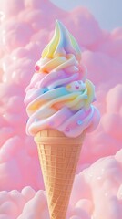 
3D illustration of an ice cream cone with many colorful swirls, pastel colors, the background is pastel clouds, 