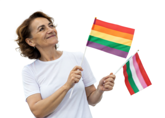 Woman holding rainbow and Hungarian flags with a smile