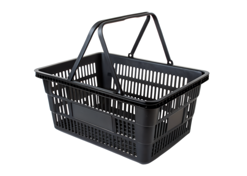 Black plastic shopping basket with handles for easy carrying