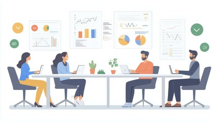 Diverse professionals collaborating in a modern office space with data displays.