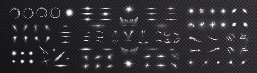 A set of white light effects on a transparent background, including glows, flashes, rings, arcs, lines and sparks. The elements are made in a single style and are ideal for visual effects.