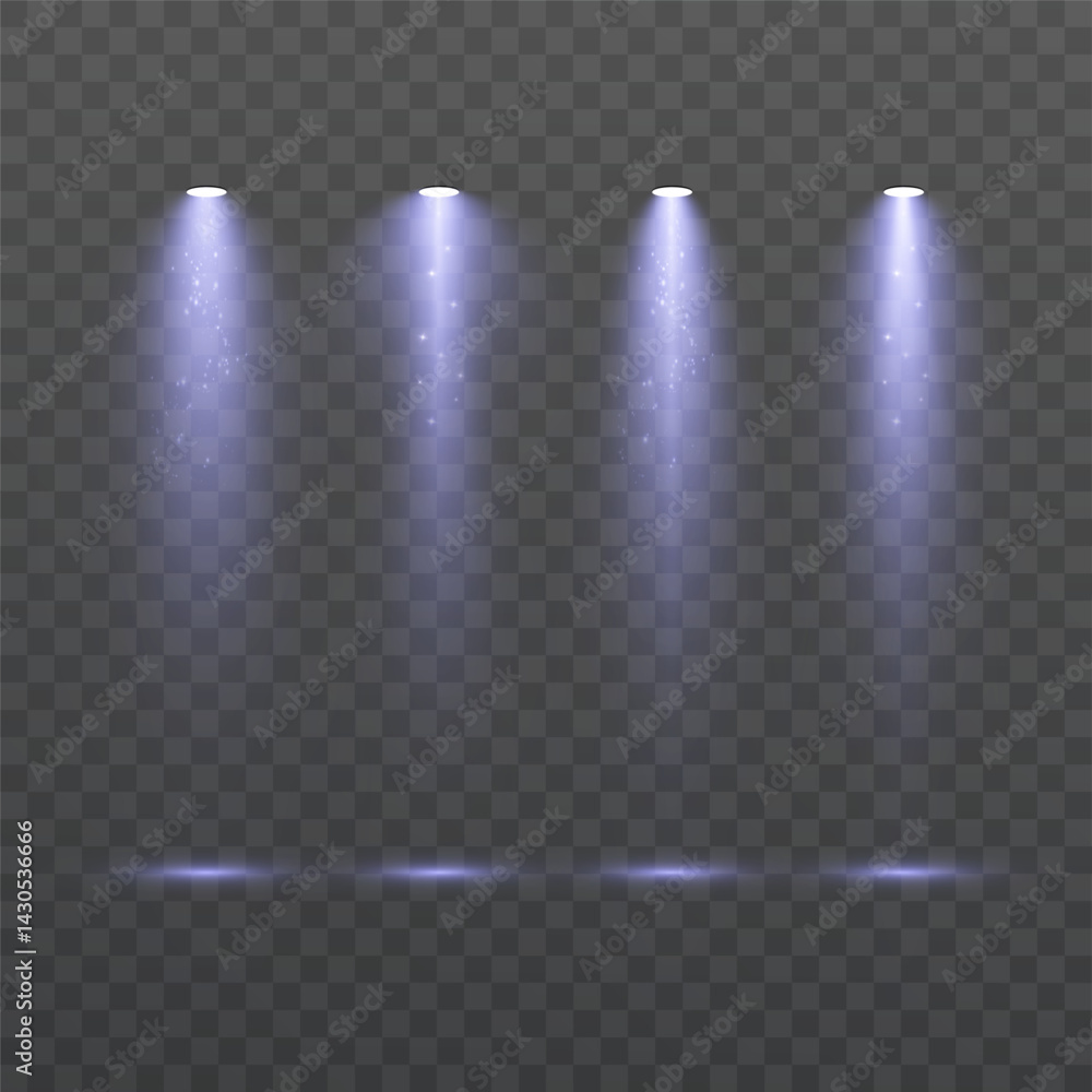 Poster set of soft purple spotlights with shimmering particles and light cones on transparent background fo