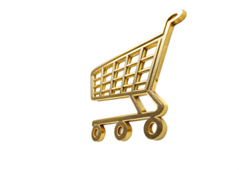 Golden shopping cart icon with transparent background for design