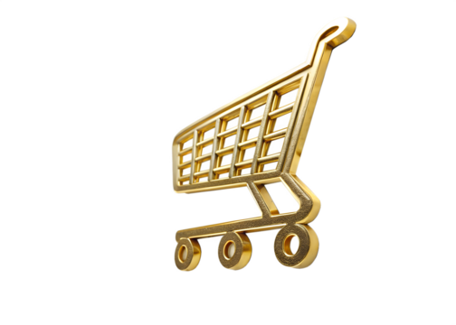 Golden shopping cart icon with transparent background for design