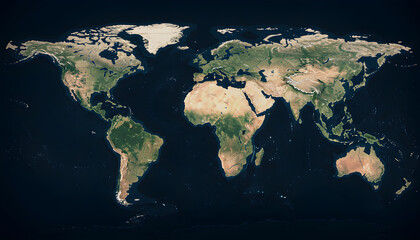 World map with continents geographical features and ocean contrast showing natural terrain in colorful cartographic design