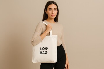 Woman holding white canvas tote bag with text LOG BAG, posing against beige background in studio shot