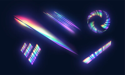 Set of abstract neon objects with rainbow glow on dark background. Light and refraction vector for use in digital design, interfaces, visual effects, sci-fi animations