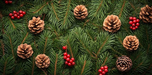 Fototapeta premium Christmas Pine Branches with Pinecones and Berries