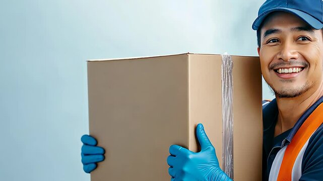 Happy delivery worker with blue gloves holding large cardboard box and smiling against neutral background. Concept of shipping, logistics and fast service