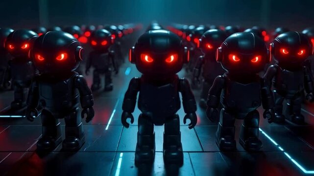Evil botnet represented by bad robots with red eyes
