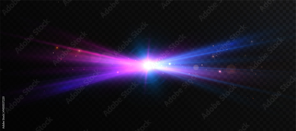 Poster bright neon flash with violet-blue glow, refracted light rays and scattered particles effect on tran