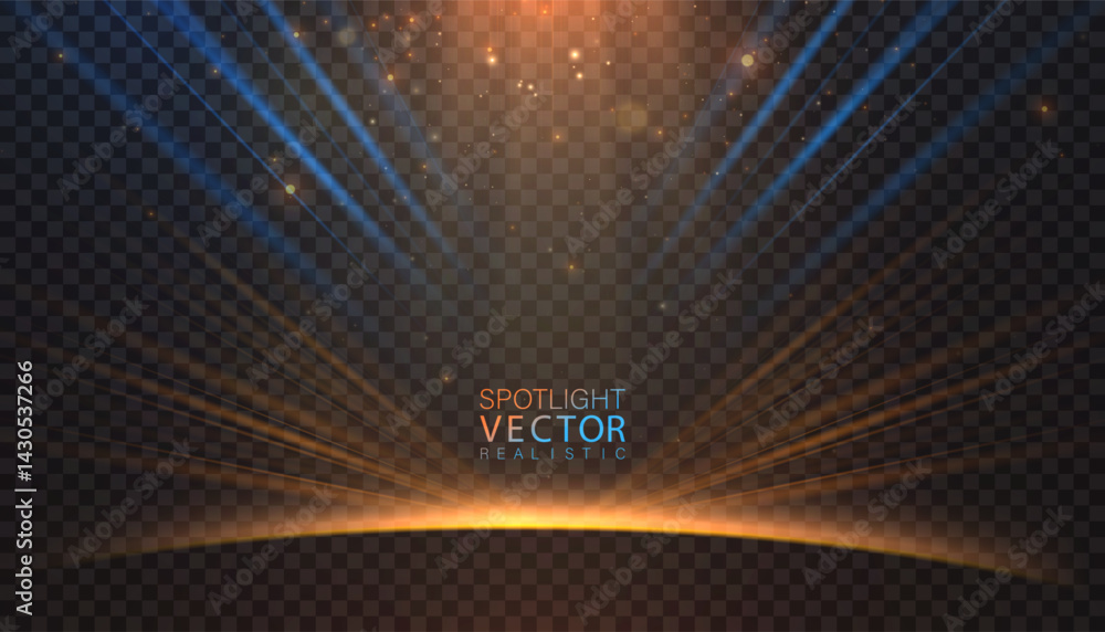 Aufkleber Background with directional spotlights in blue and orange coming from the top corners and converging towards the stage. Flickering particles and diffused light effect. Vector