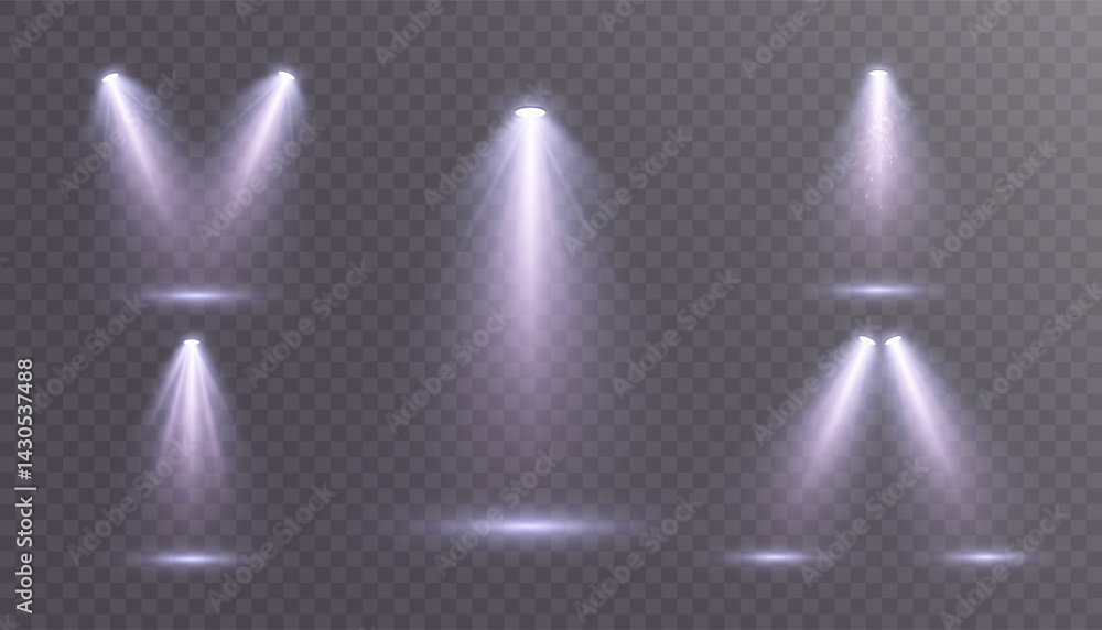Poster set of soft white spotlights with shimmering particles and light cones on transparent background for