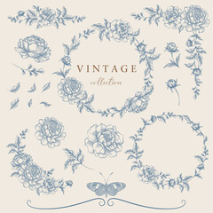 Floral clipart engraving frames. botanical wreaths and borders for wedding vintage invitations. Line art hand drawing, Victorian illustration