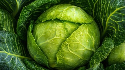 Fototapeta premium Fresh, vibrant green head of cabbage. Close-up view of tightly packed leaves