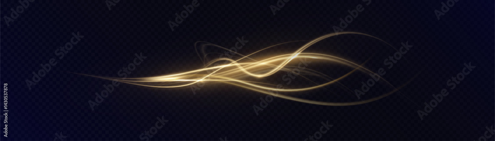 Aufkleber Golden glowing swirl with soft transparency and elegant curve on dark background. Vivid effect for luxury light paths, motion design of game interfaces. Vector