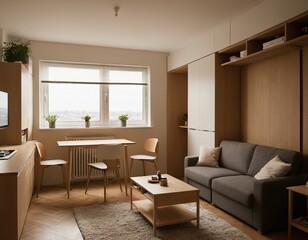 Modern minimalist living room with stylish wooden furniture and bright natural light.