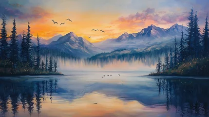 Tableau sur aluminium  Serene Mountain Landscape at Dusk with Vibrant Sunset Colors  © prasopchok