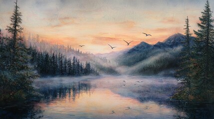 Obraz premium Serene Morning at the Lake with Mountains and Birds in Flight